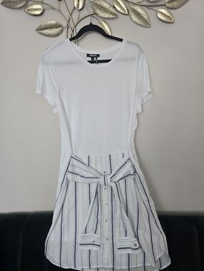 DKNY White Tee Dress with Blue Stripe Tie-Waist Size L Cotton